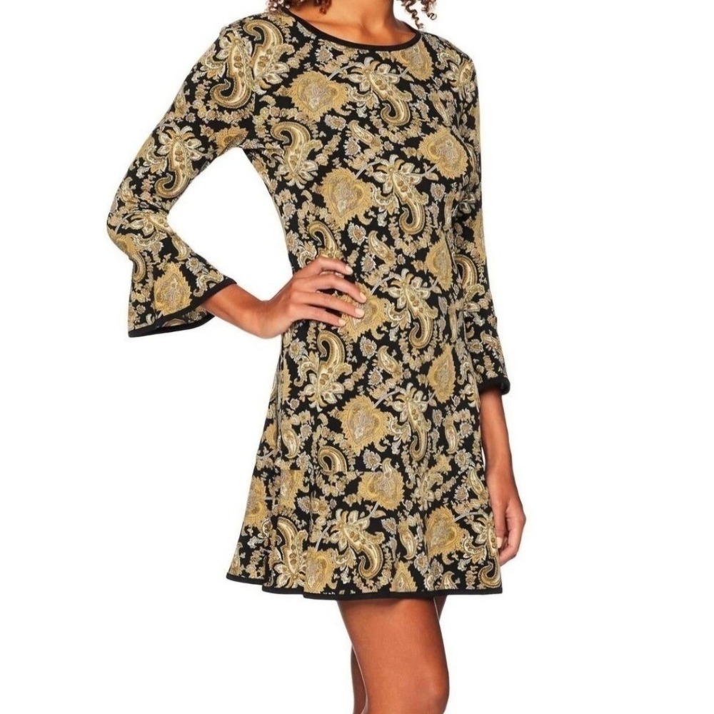 Michael Kors Paisley Bell Sleeve Mini Dress Black Gold Ruffle Hem Medium